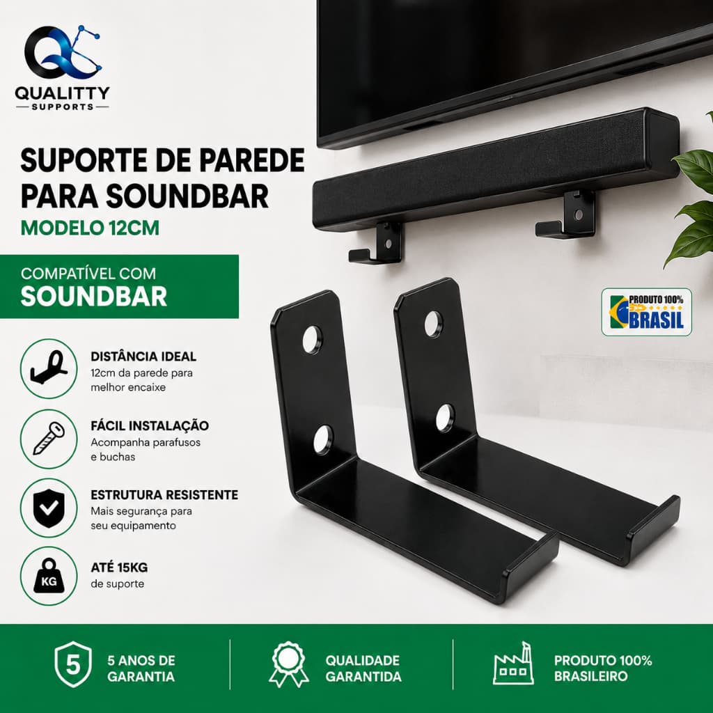 Suporte para Soundbar de Parede 12cm Aço Carbono Kit Completo Universal Qualitty