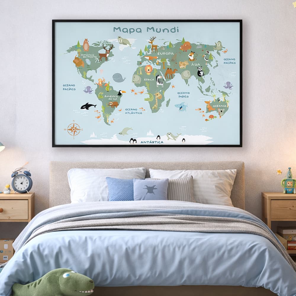 Quadro Mapa Mundi Ilustrado Infantil Moldura Com ou Sem Vidro 50x75 Ou 60x90