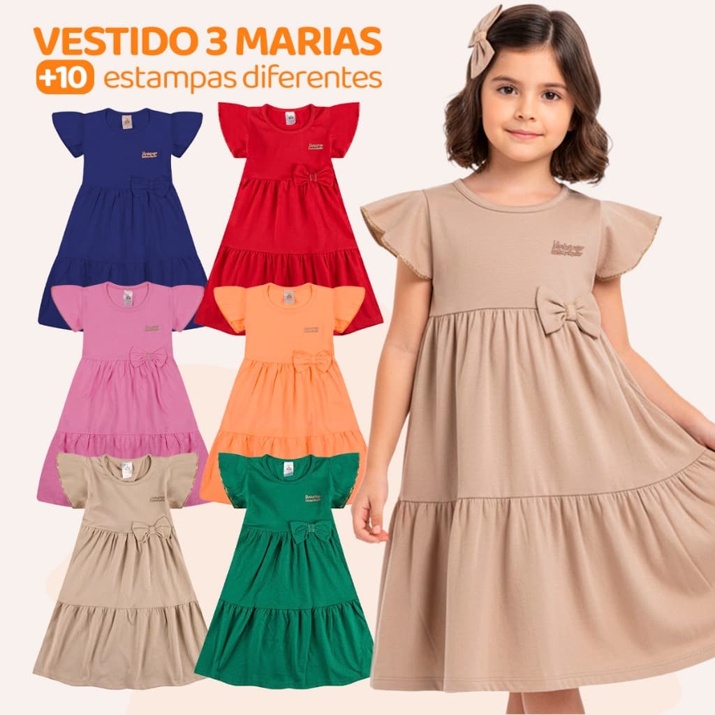 Kit 1, 3 ou 4 Vestido Infantil Menina Verão Três Marias 100% Algodão Com Laço Feminino Fofo Blogueirinha
