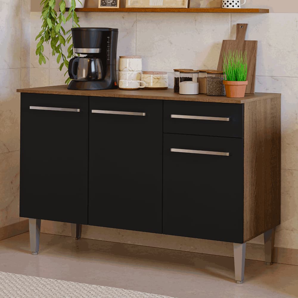 Balcão Gabinete Armário de Cozinha 3 Portas e 1 Gaveta Rustic/Preto Emilly Madesa