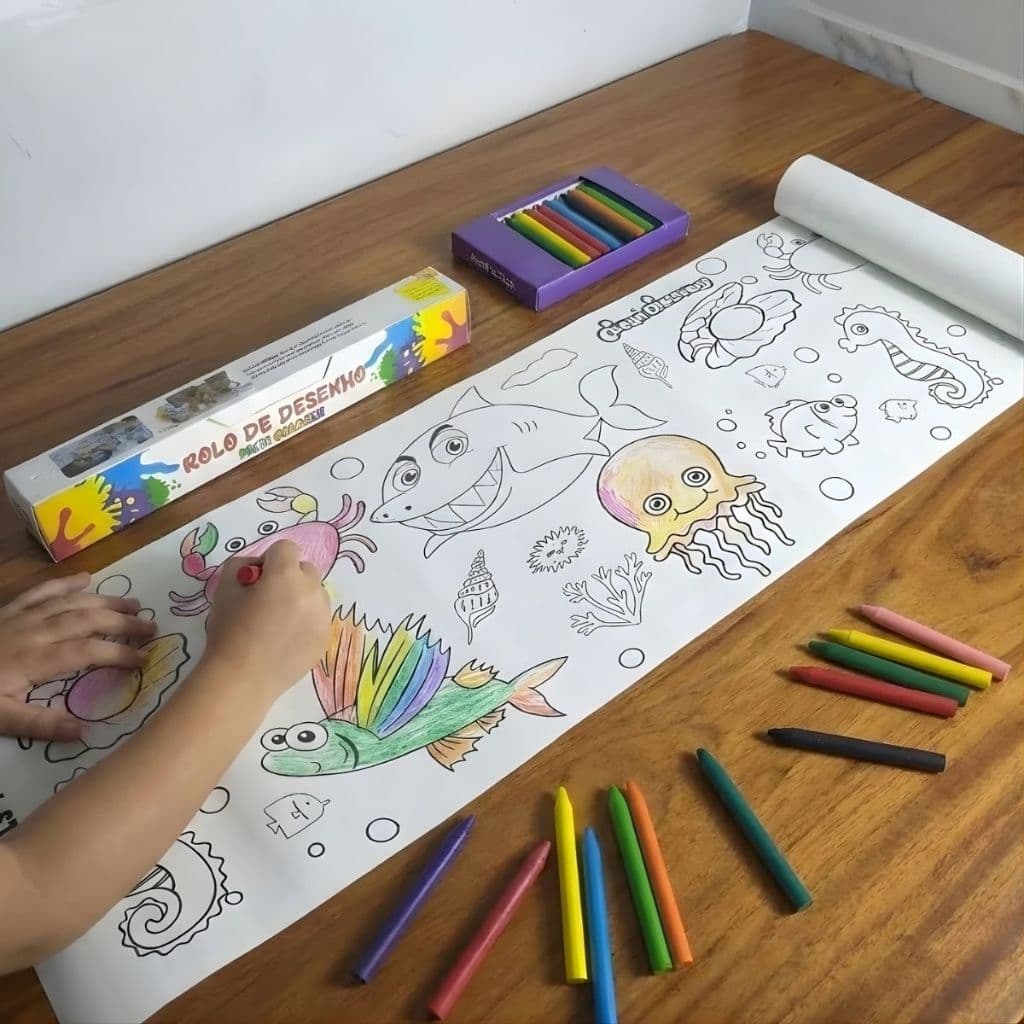 Rolo de Desenho Colorir Com Cola e Sem Cola Livro Desenho Infantil 30cm x 3m Desenhos Colorir