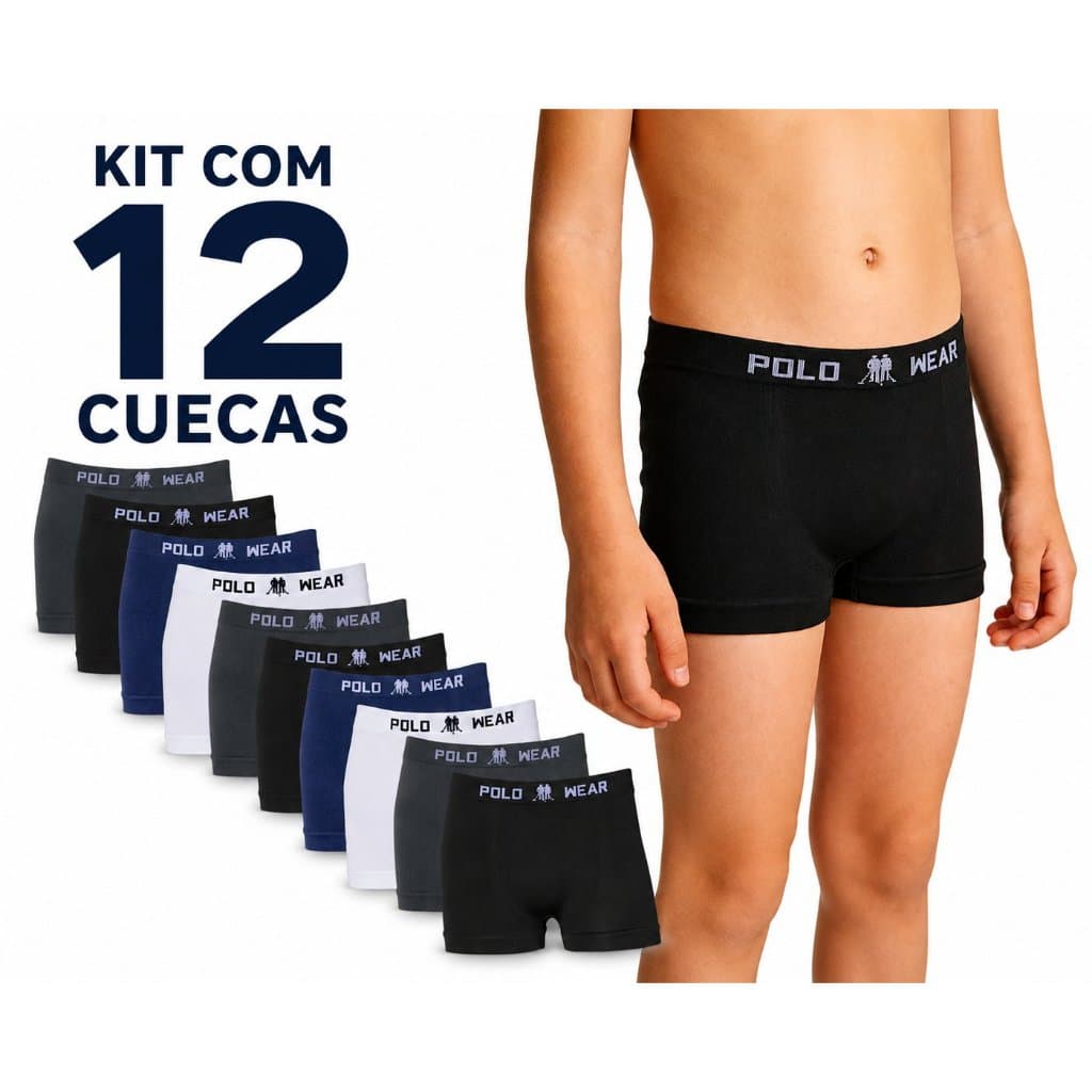 Kit 12 Cuecas Boxer Selene Infantil Juvenil Sem Costura Poliamida Confortável Original Masculina