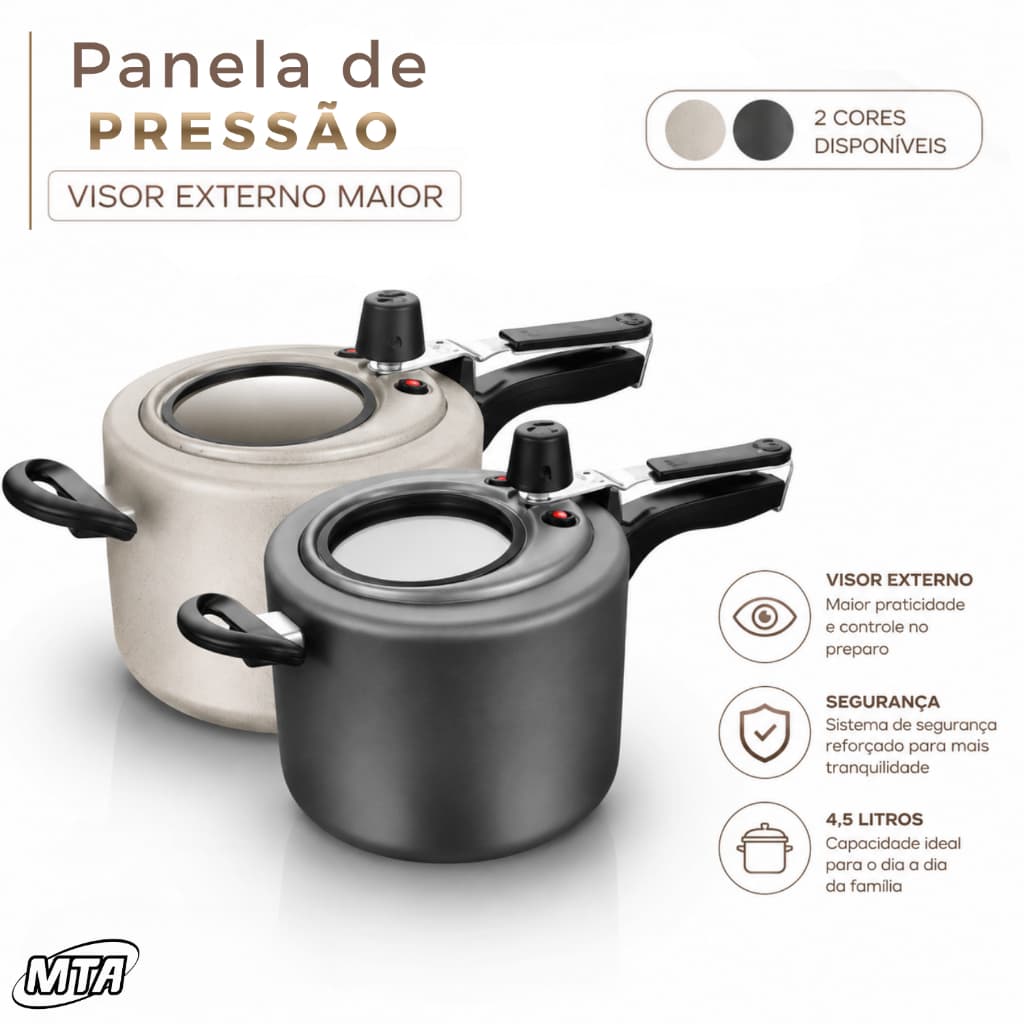 Panela de Pressão Antiaderente com Visor Grande Externo na Tampa 4,5 Litros MTA