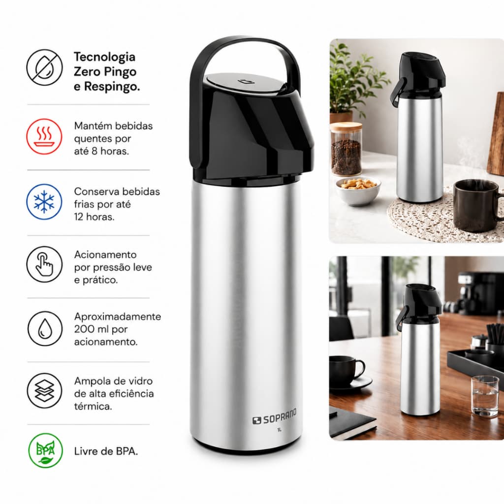 Garrafa Bule Térmica de 1 Litro Para Café Chá de Inox Metal Escovado Ruby Soprano Quente Frio Não Respinga