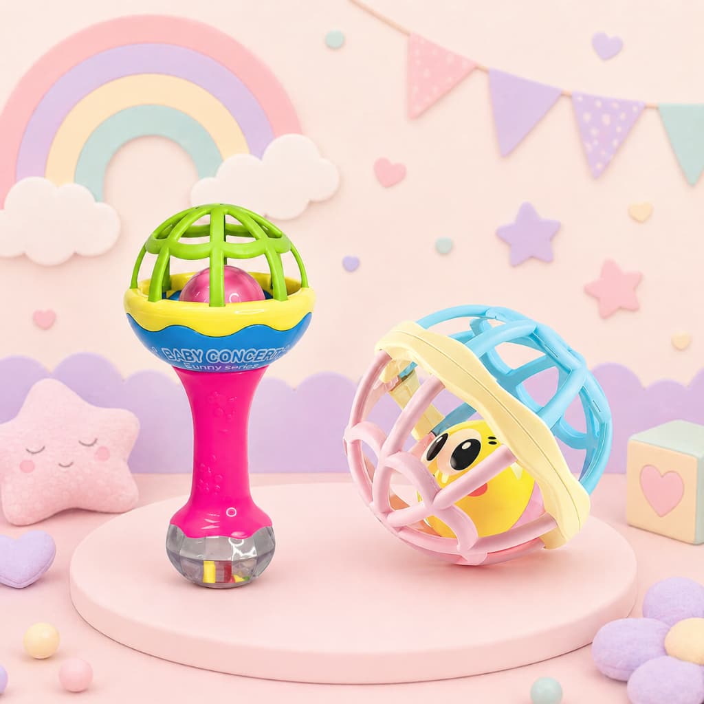 Kit 2pcs Bolinha Macia Mordedor Chocalho Silicone Brinquedo Menina Sino Divertido Rosa Presente