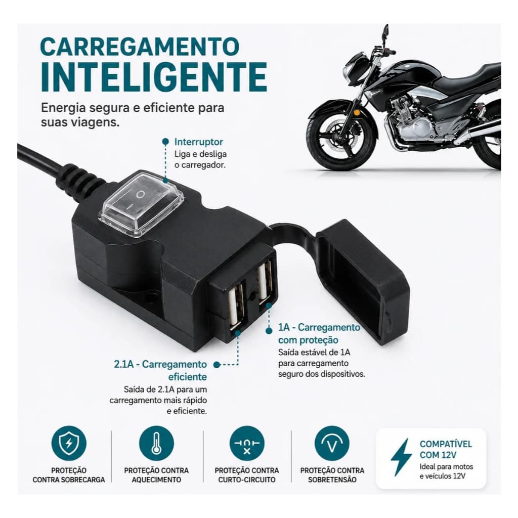 Carregador De Guiador De Moto À Prova D'água 12V-24 Fonte De Alimentação USB Dupla P/ Telefone Móvel