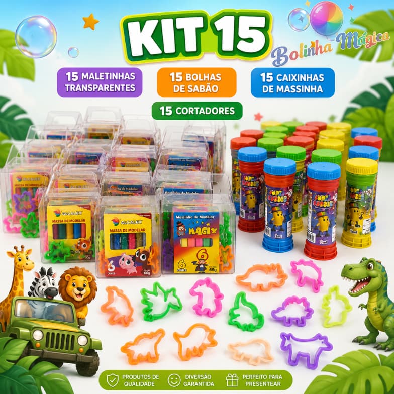 Kit 15 (Maletinha + Bolha Sabao+ Cortadores Forminha+ Massinha Modelar) Infantil Prenda Lembracinha
