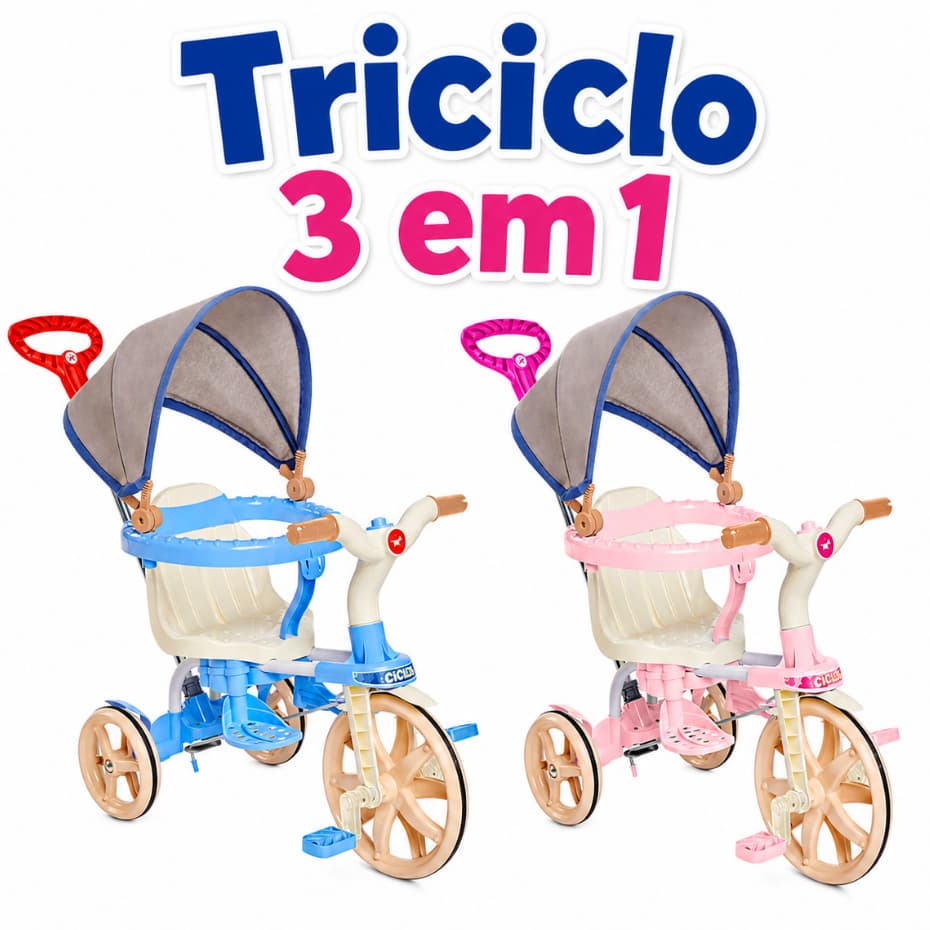 Triciclo Ciclito Calesita Carrinho 3 em 1 Andador Infantil C/ Toldo Ajustável Haste Protetor e Pedal