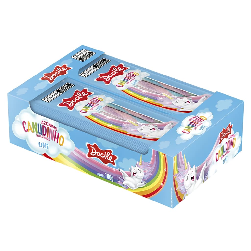 Display Canudinho Unicórnio Morango Cítrico Azedinho C/12 Unidades de 15g Cada Docile