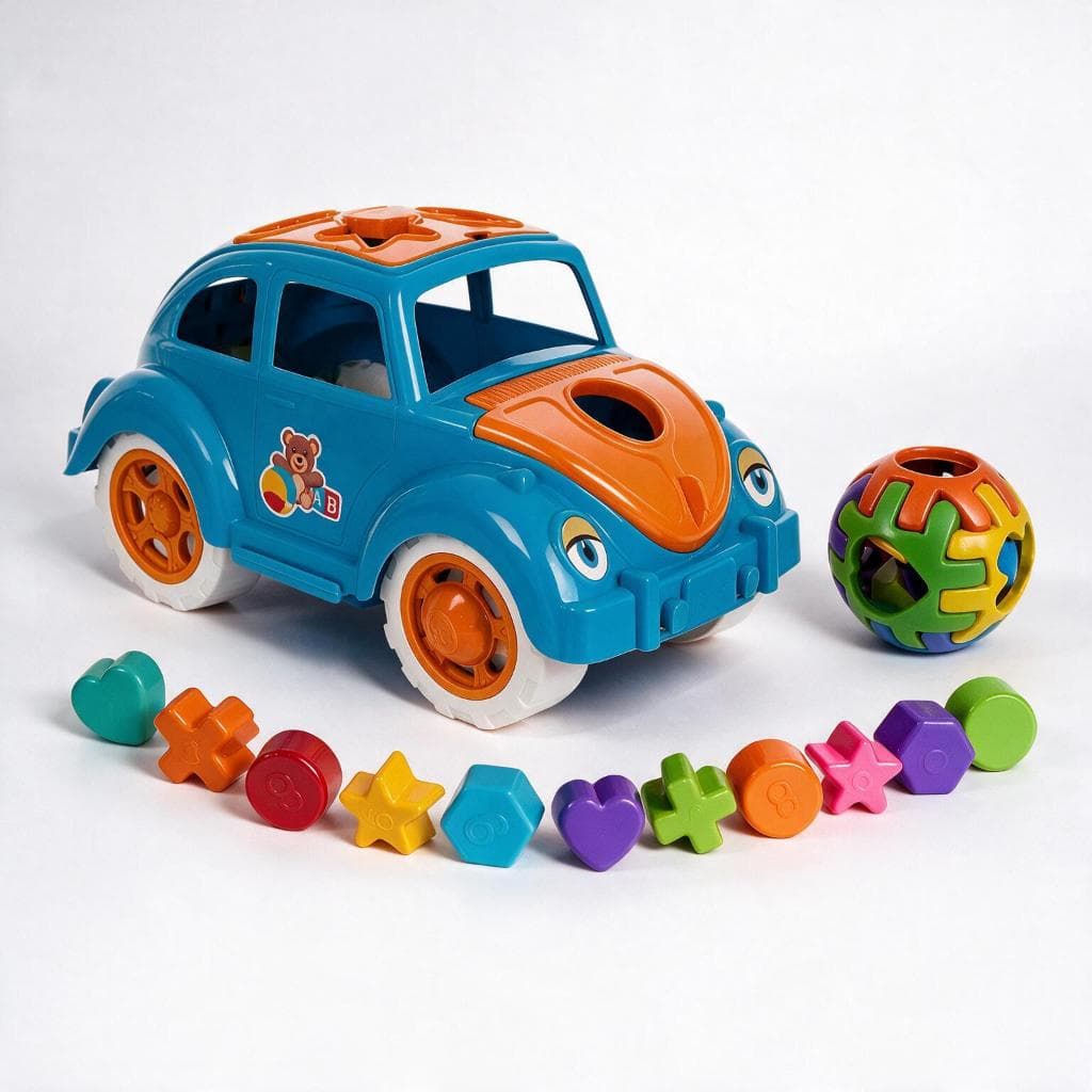 Kit Brinquedos Educativos Fusca + Bola | Meninos +12 meses | Acompanha 11 Formas Geométricas | Cert.INMETRO | QUEEN SHOP