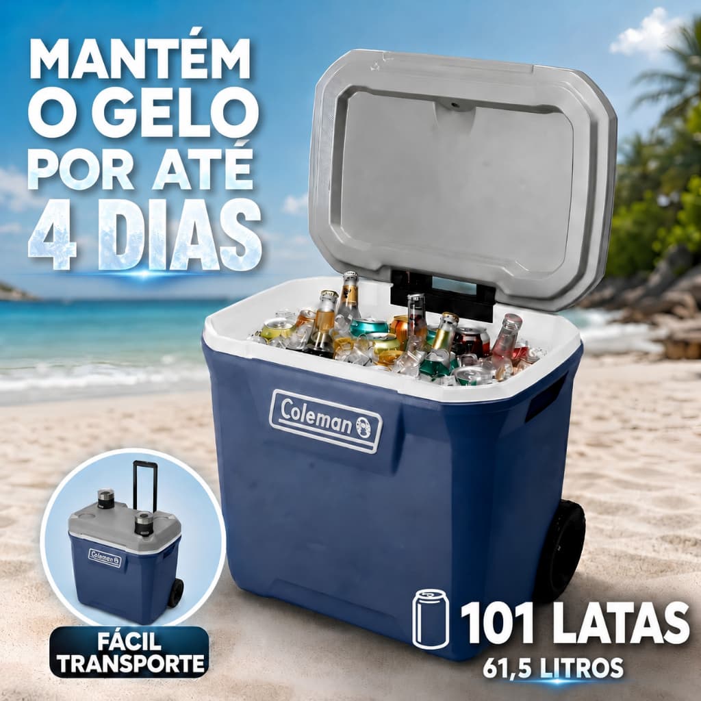 Caixa Termica Com Rodas 61,5 Litros Coleman Cooler Termico Grande Cinza Com Alça Porta Copos Camping