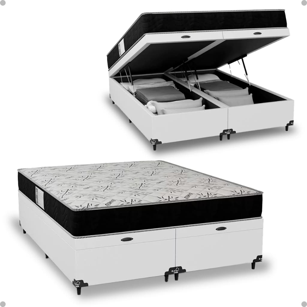 Cama Box Baú Queen Bipartido + Colchão D33 One Face - Couro Branco