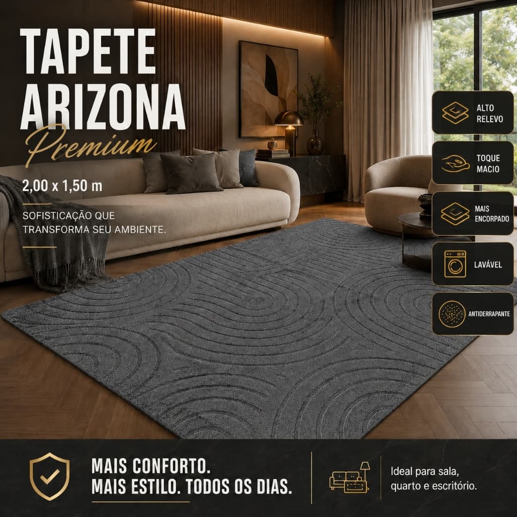 Tapete Premium Cinza 2,00x1,50 Sala Quarto Escritório Alto Relevo Macio Antiderrapante