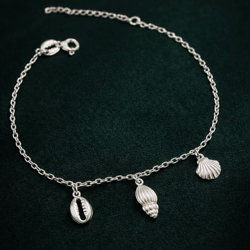 Pulseira Conchas e Búzio em Prata 925 Pulseira Feminina Estilo Praia Delicada