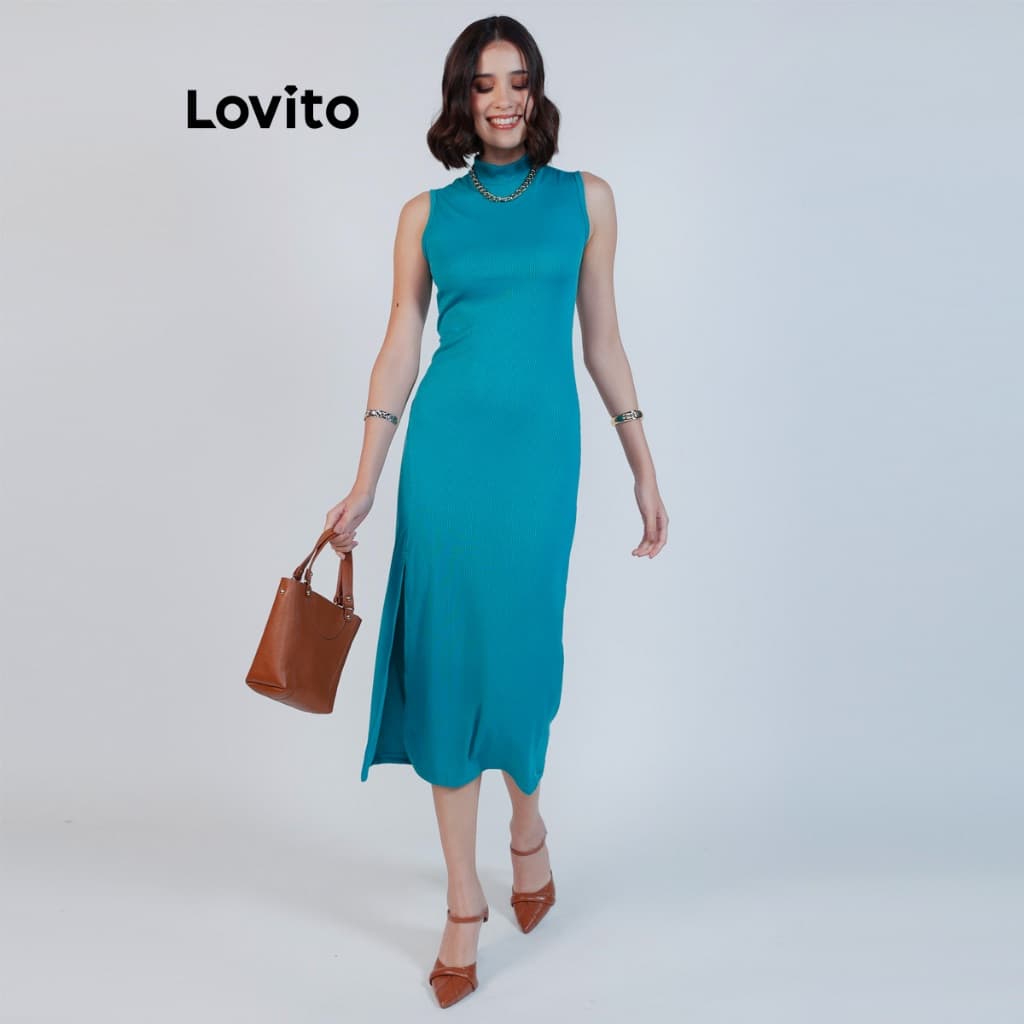 Lovito Vestido Feminino Midi Canelado Gola Alta DRB15651595
