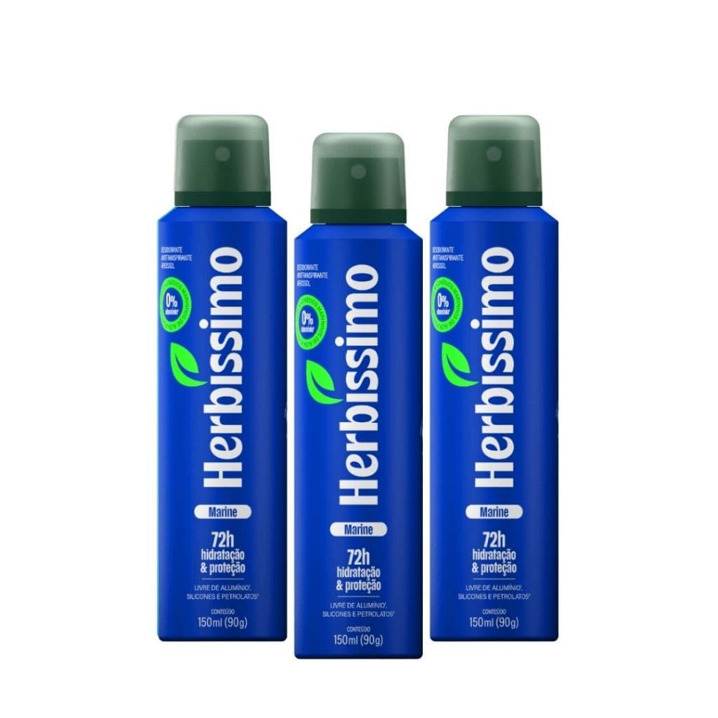 Kit Desodorante Antitranspirante Aerossol Zero Alumínio Herbíssimo Marine 150ml MASCULINO (3 unidades)