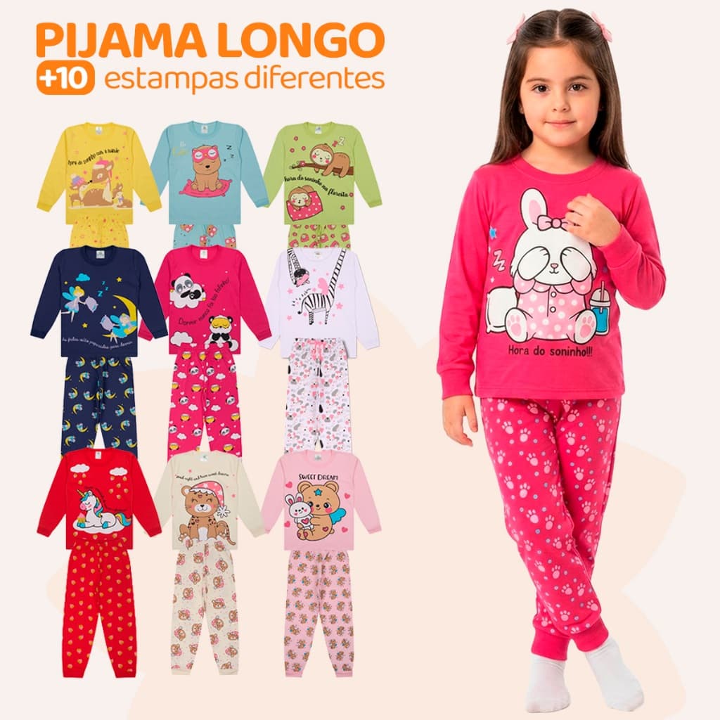Kit Sortido 10 Peças Pijama Infantil Menina Manga Longa (5 Camisetas + 5 Calças) Tamanho 1 ao 10