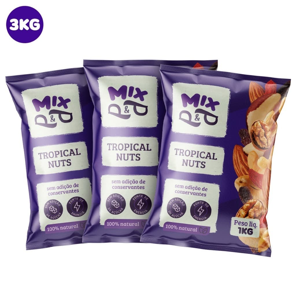 Kit 3x Mix P&P Tropical Nuts 1Kg - Castanha Pará Amendoim Nozes Uva Gojiberry Castanha de Caju Uva Passa