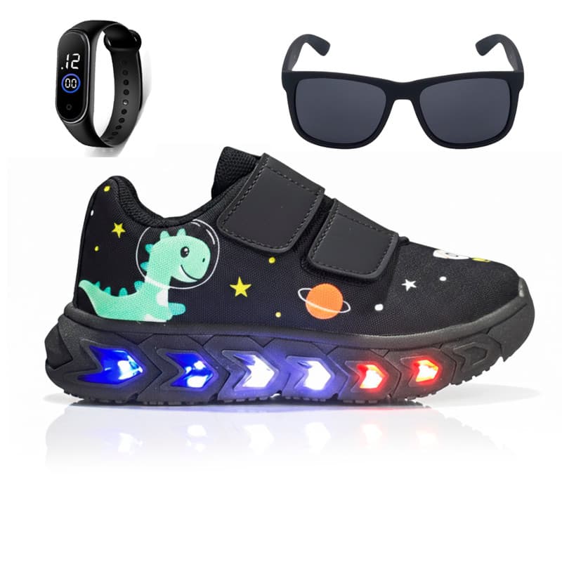 Kit com Tênis de Led para Meninos Confortável Casual Leve + Óculos + Relógio