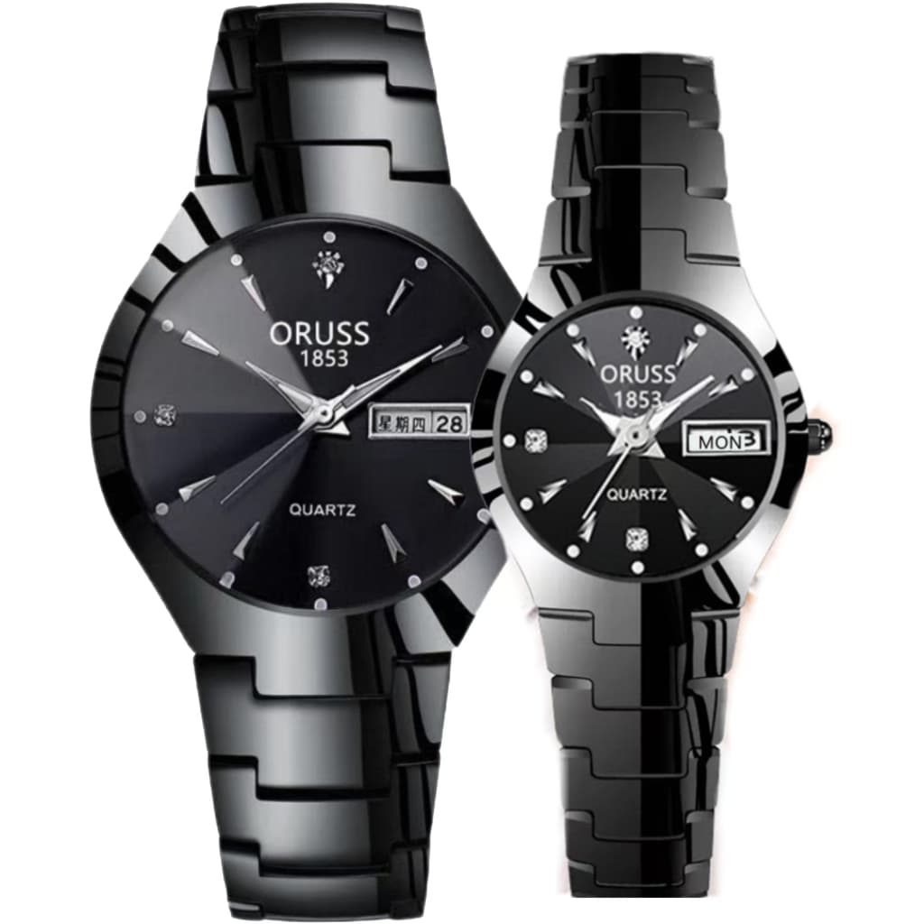 ORUSS Casal Original Aço Inoxidável Luxo Calendário Duplo Relógio Preto À Prova D 'Água Rosa Ouro Luminoso Moda Coreano