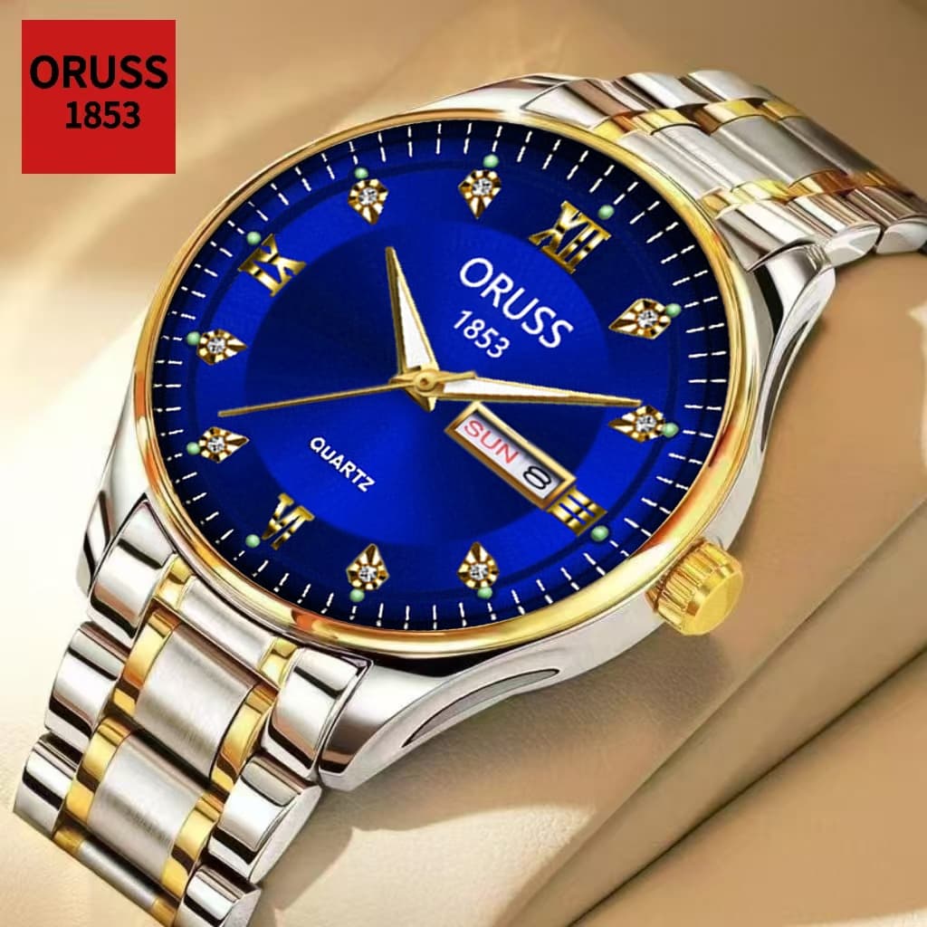 ORUSS Original masculino calendário duplo aço inoxidável luxo ouro/prata luminoso à prova dwaterproof água relógio de ne