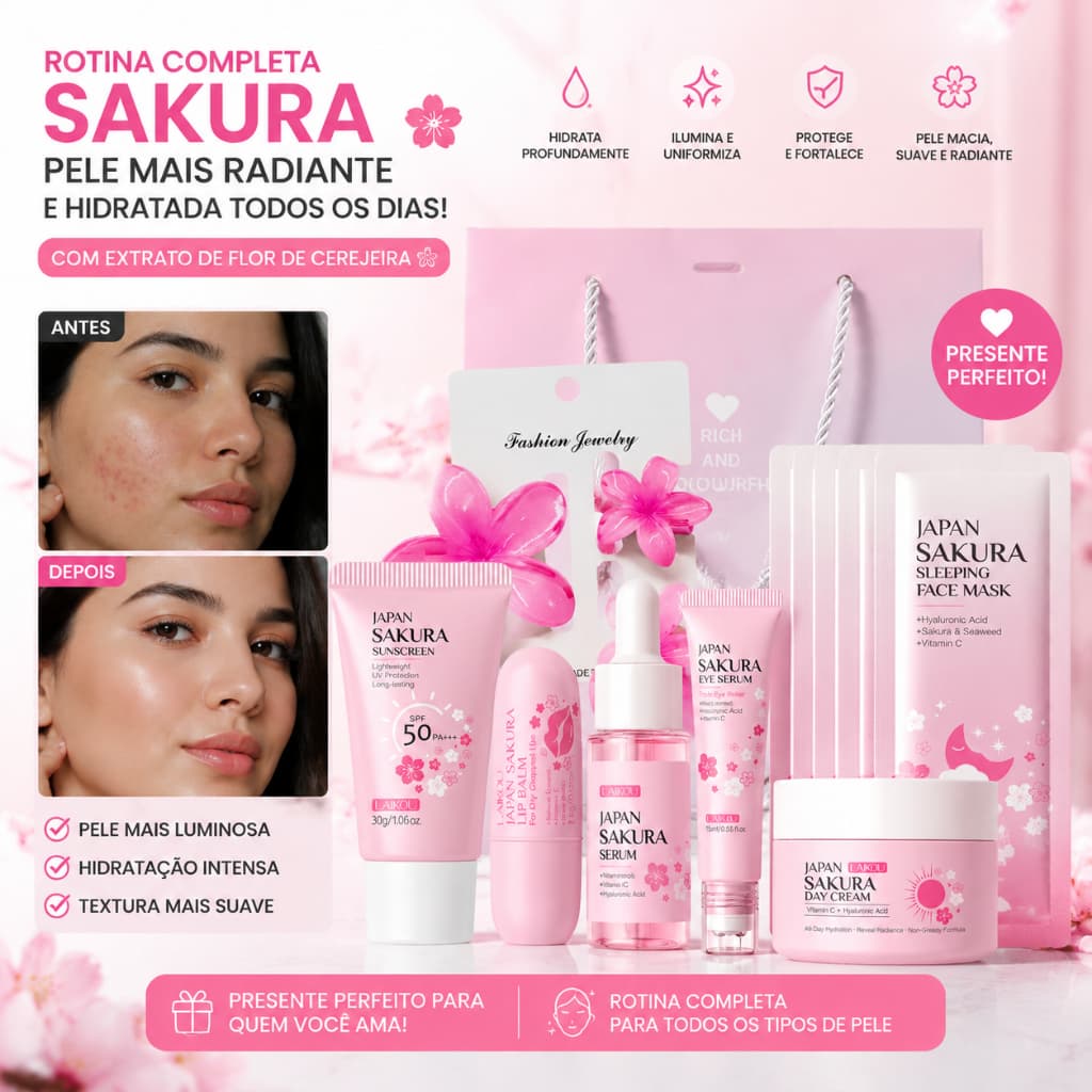 Kit Skincare Sakura LAIKOU 8 Peças | Kit Beleza Completo para Pele Hidratada e Iluminada