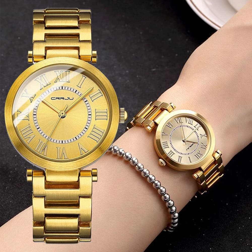 Relógios Femininos CRRJU Marca De Luxo Gold Fashion Casual Aço Inoxidável Quartzo A Prova D'água 2123 S