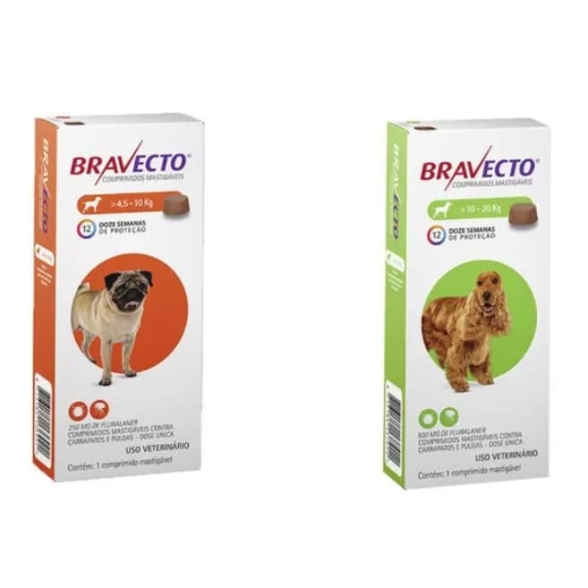01 Bravecto Cães De 4,5 A 10kg + 01 Bravecto 10 A 20kg