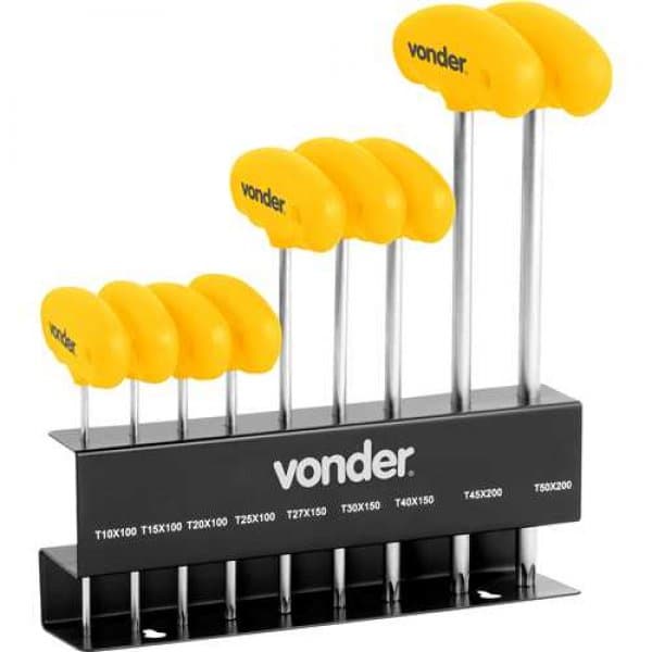 Jogo de Chaves Torx Cabo T T10 a T50 9 Peças Ponta Magnética Aço Cr-V Vonder