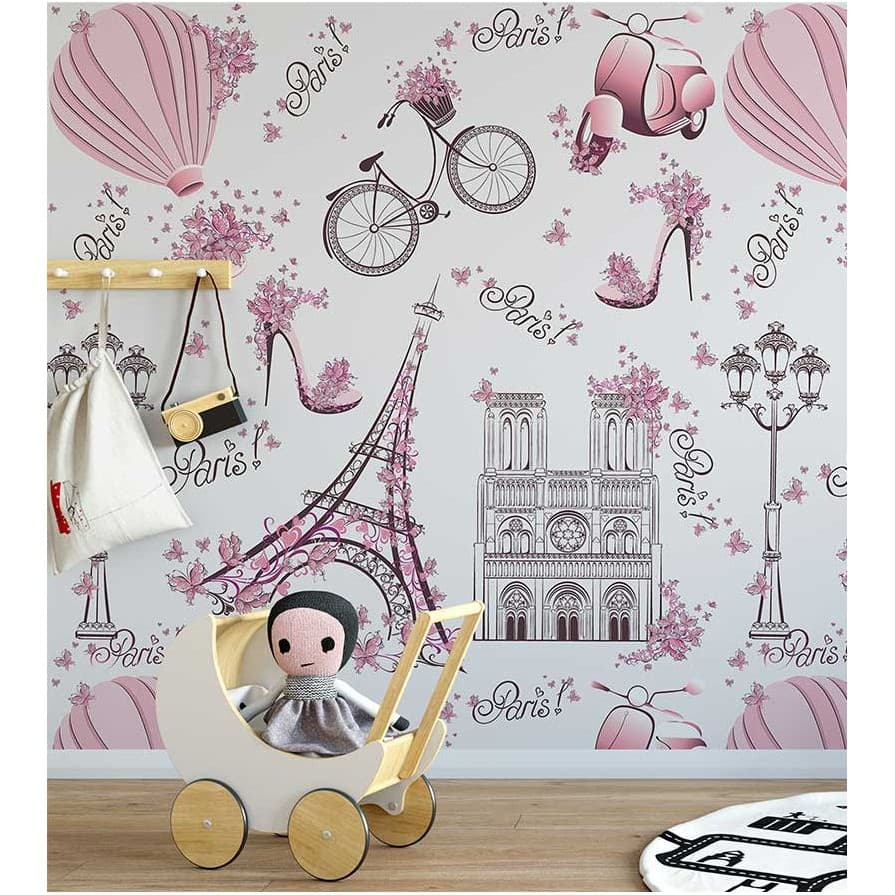 Papel de Parede Infantil Paris fundo rosa claro Lambretas e Flores Para Sala e Quarto 2,50 Mts