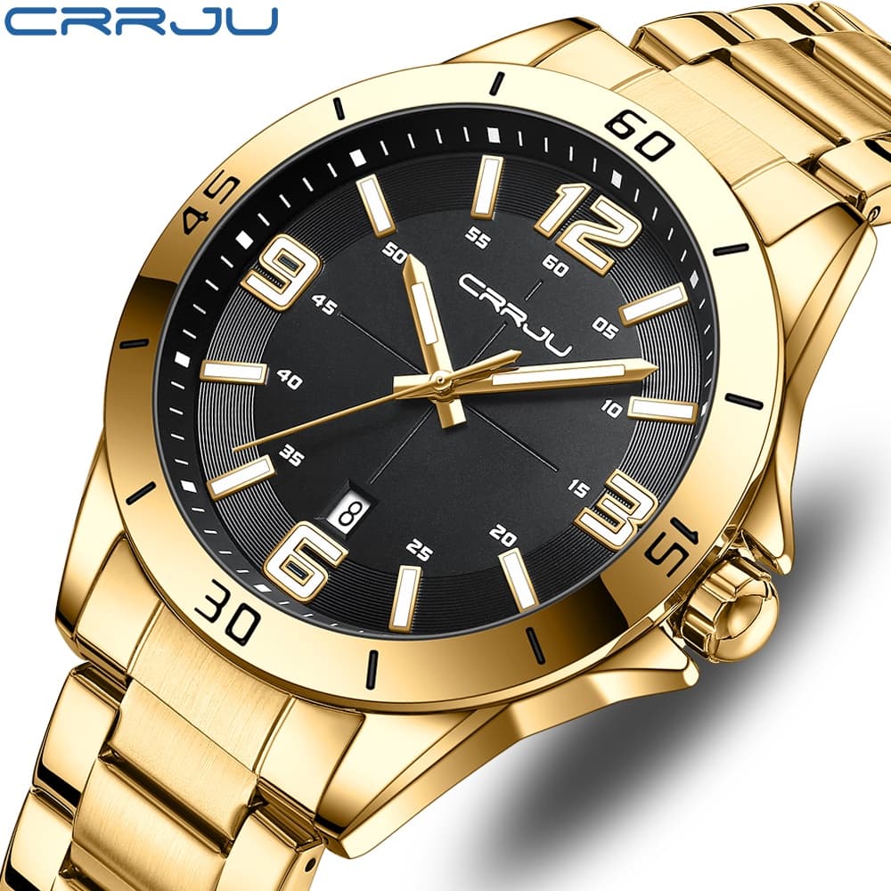 CRRJU Relógios Masculinos Marca Original Aço Inoxidável Ouro Luxo Moda Negócios Esportes Quartzo Impermeável 5003 X