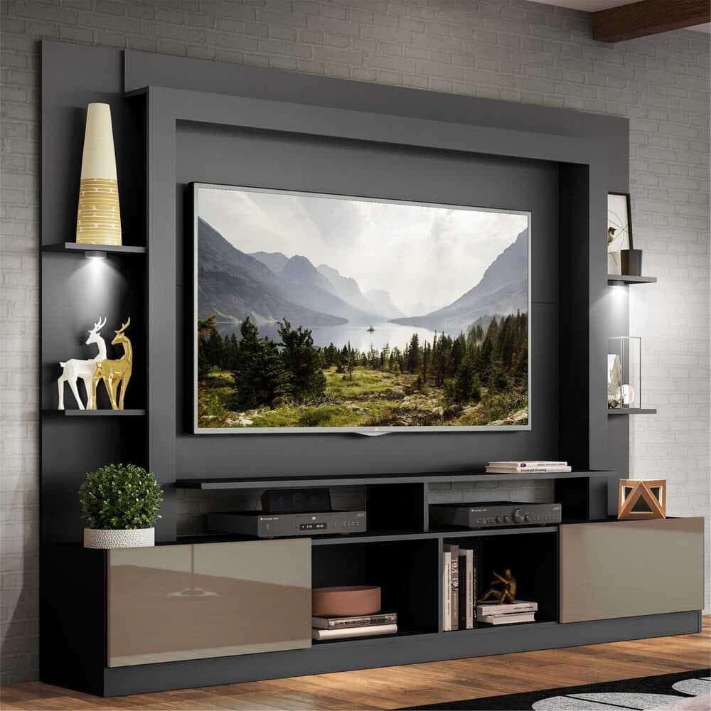 Rack Estante c/ Suporte TV 65" e Leds Berlim Multimóveis Preto/Lacca Fumê