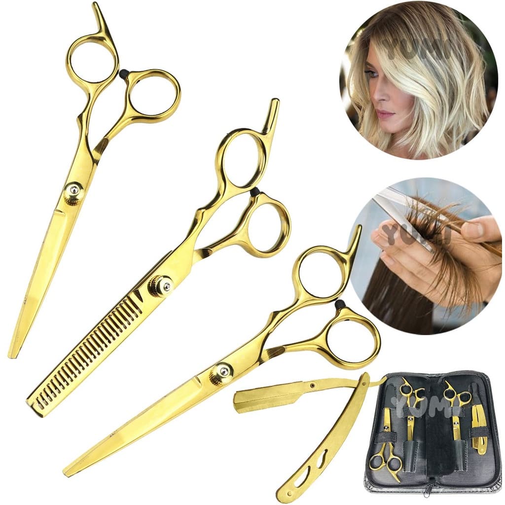 Kit 3 Tesouras 1 Navalhete profissionais Para Cabelereiro e Barbeiro 6.0'' Polegadas Dourado Preto Furta-cor