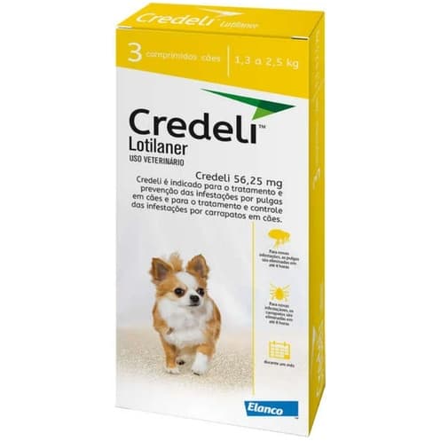 Credeli Antipulgas e Carrapatos Cães de 1,3 a 2,5kg 56,25mg 3 Comprimidos Elanco