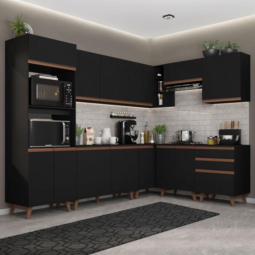 Cozinha Completa de Canto com Armário e Balcão Preto Madesa Reims 462001