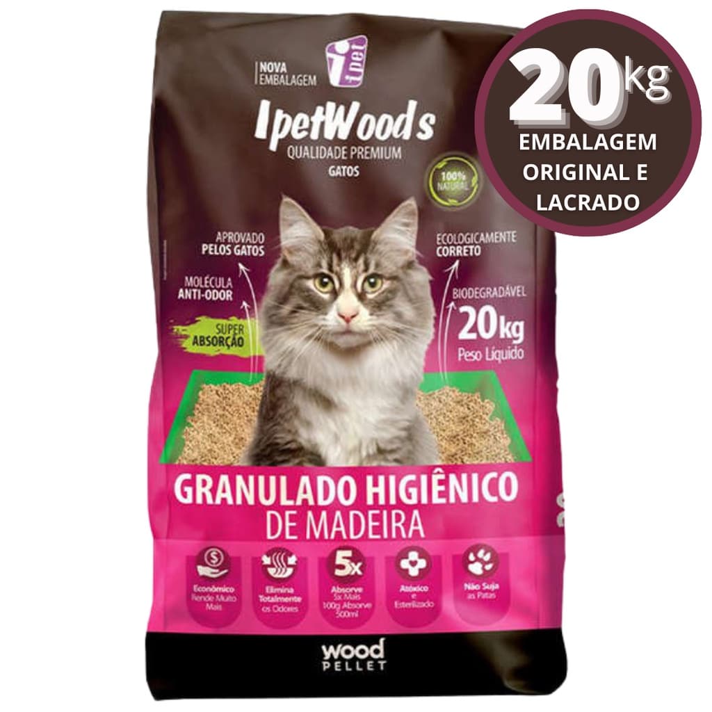 20kg de Granulado Higiênico de Madeira Pinus IpetWoods Para Gato, Coelho, Hamster, Roedores