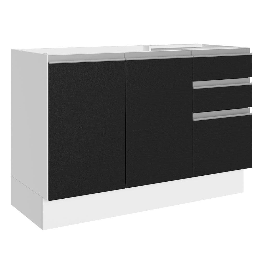 Balcão Gabinete de Pia Cozinha 100% MDF 120 cm 3 Portas 2 Gavetas Branco/Preto Acordes Madesa