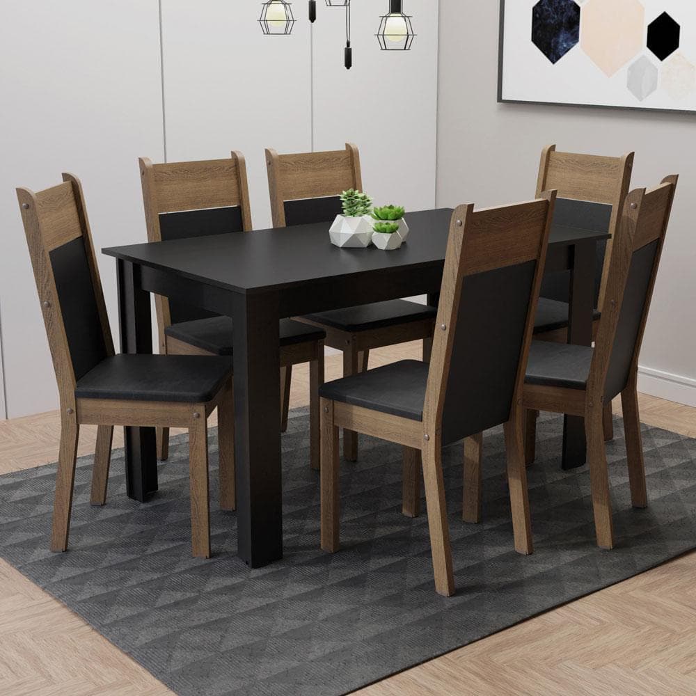 Conjunto Sala Jantar Medelin Madesa Mesa Tampo Madeira com 6 Cadeiras Rustic/Preto/Sintético Preto