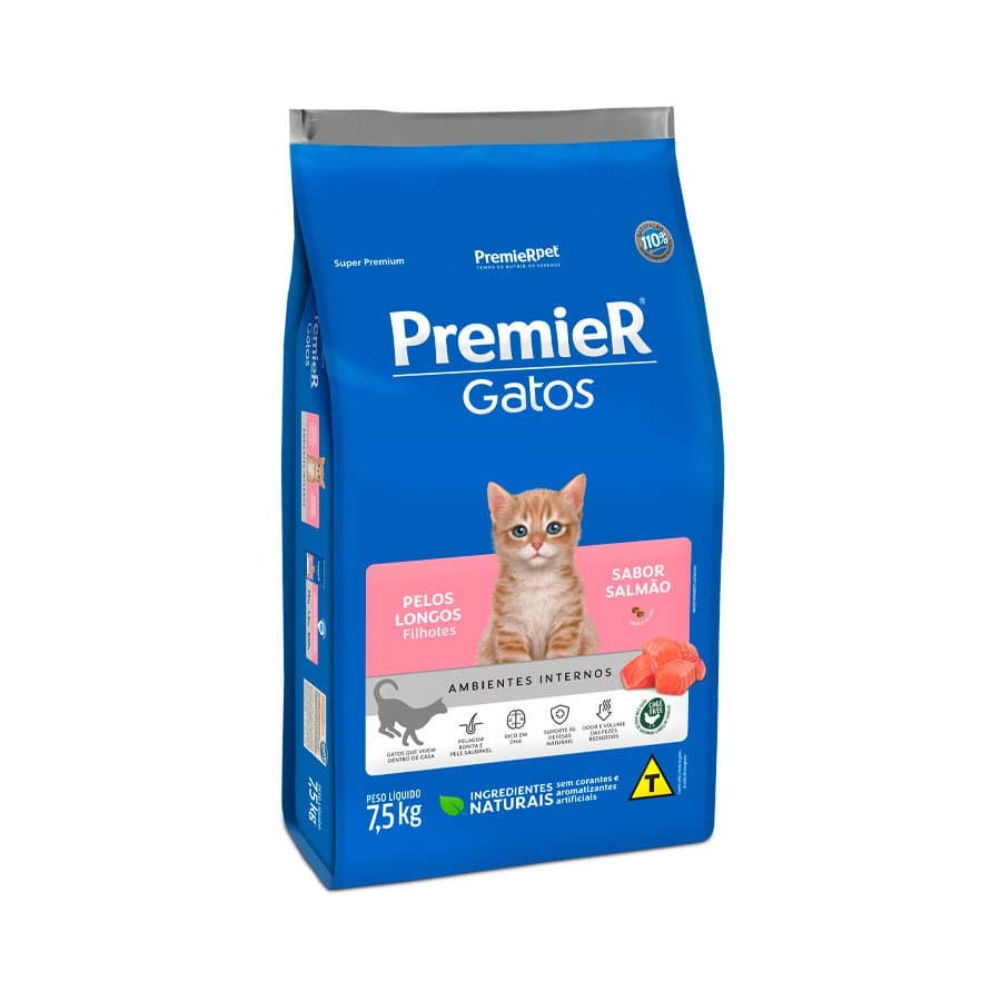 Ração Premier Ambientes Internos Gatos Filhotes Pelos Longos Sabor Salmão 7,5kg