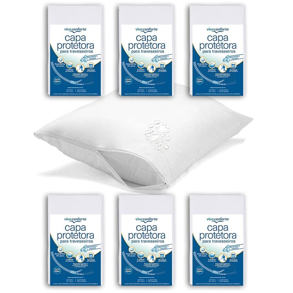 Kit 6 Capas Protetoras de Travesseiros Impermeável Percal 200 fios 100% algodão Viva Conforto