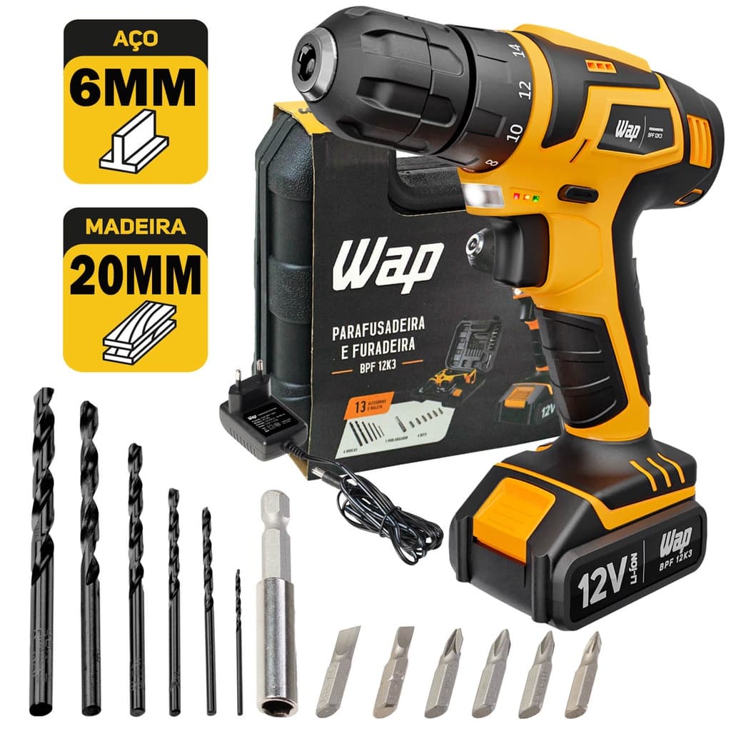 Parafusadeira Furadeira Sem Fio 12V Com Maleta Brocas e Acessórios BPF 12K3 Wap