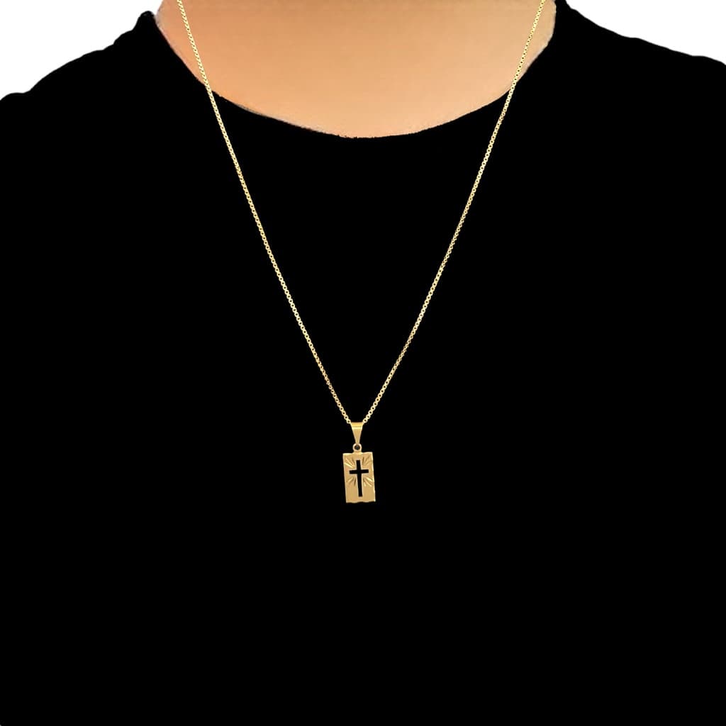 Corrente Cordão Masculino Banhado A Ouro Ping Plaquinha Cruz Cristo religioso