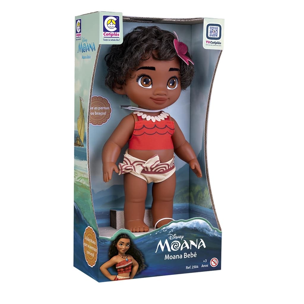 Boneca Bebê Princesa Disney Moana 36cm Plástico Vinil Cabelos Realista Cotiplás