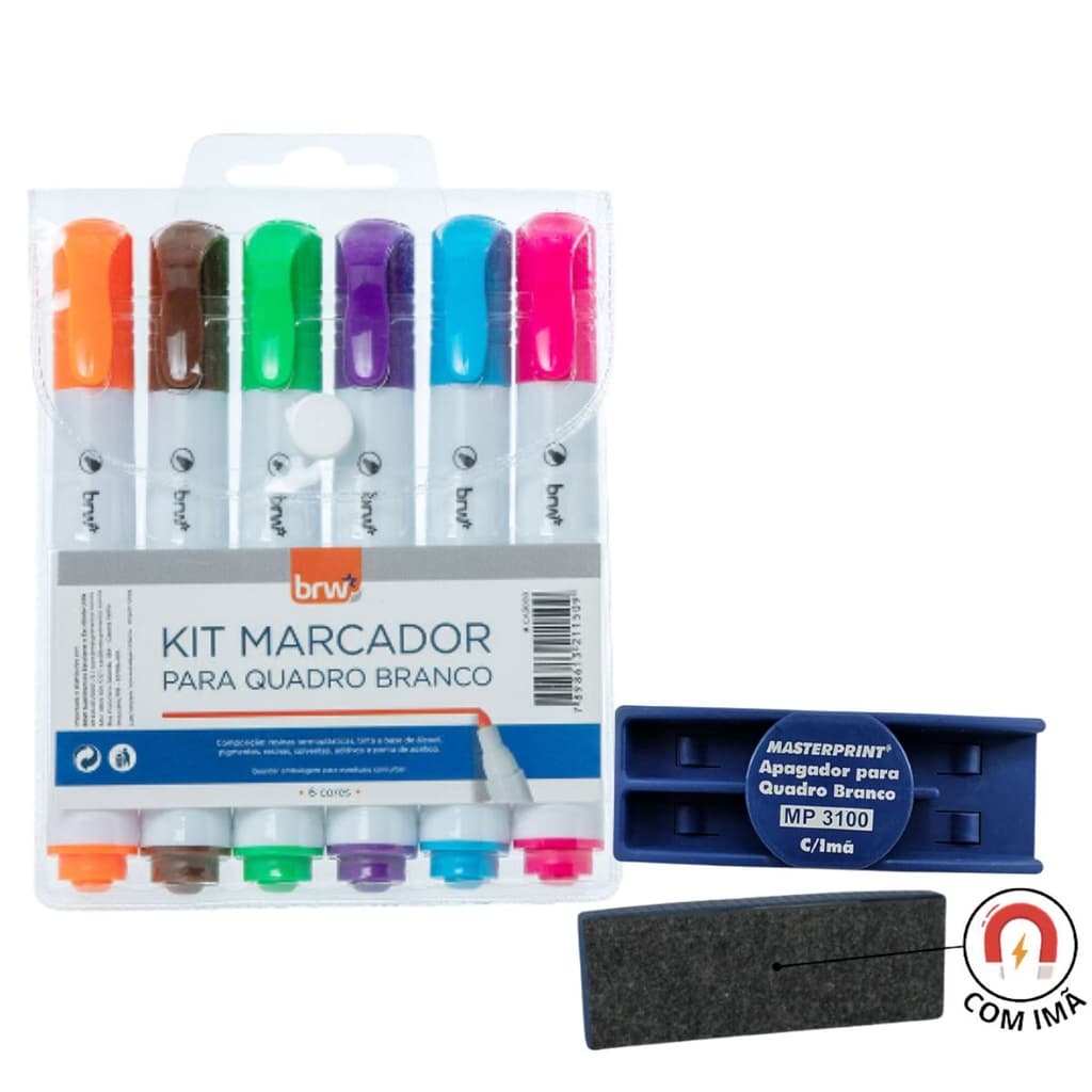 KIT 06 MARCADOR DE QUADRO BRANCO BLISTER + APAGADOR - BRW