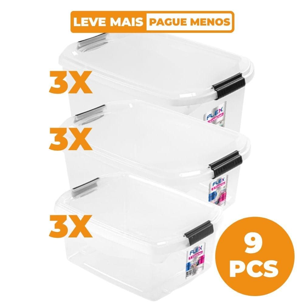 Kit 9 Caixas Organizadoras 11L, 20L e 29L Transparente Flex Sanremo
