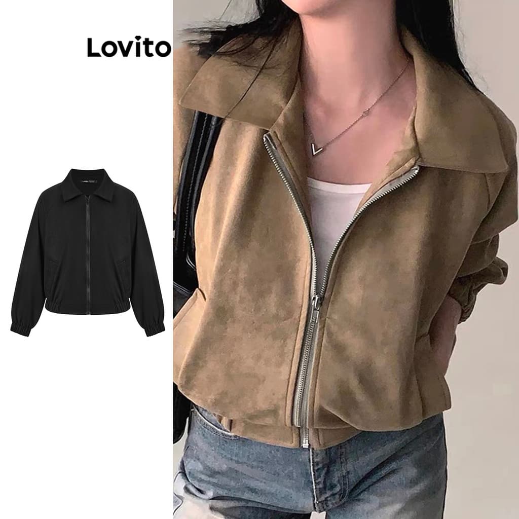 Lovito Fecho Frontal Casual Jaqueta Feminina Lisa Solta Com Zíper Para Outono/inverno LNE30129 (marrom)