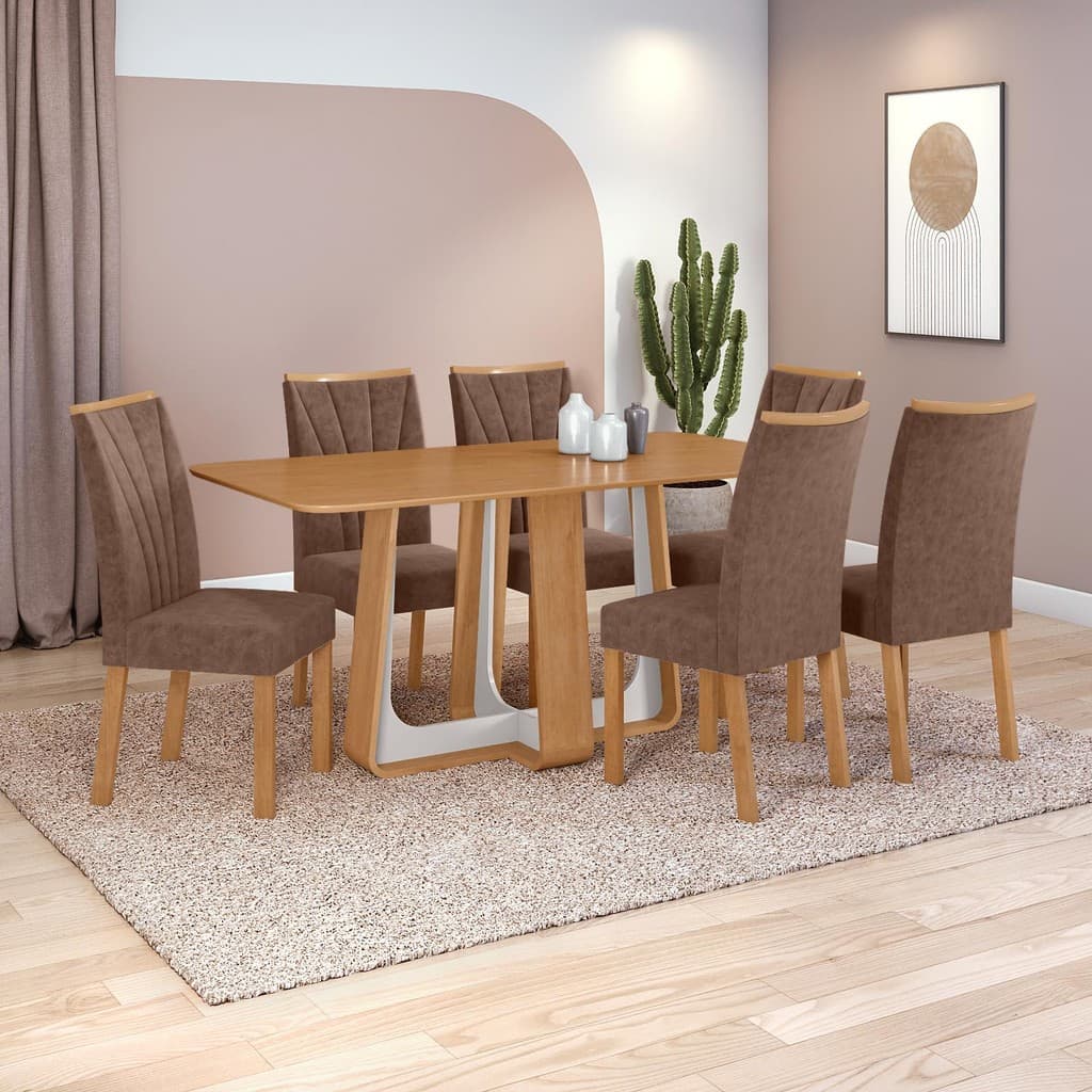 Conjunto Sala de Jantar Mesa Easy Pop 170x90cm Tampo MDF com 6 Cad Confort Couro Avelã Amêndoa/Off