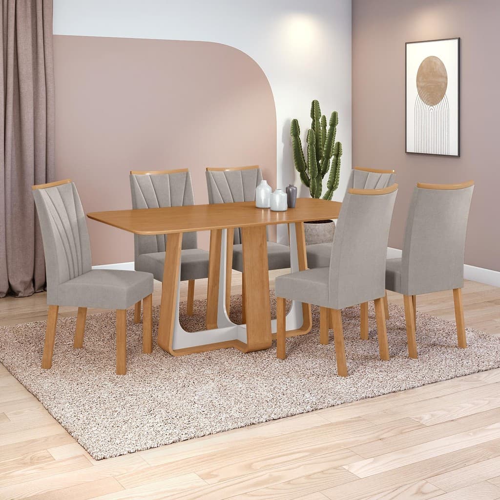 Conjunto Sala de Jantar Mesa Easy Pop 170x90cm Tampo MDF com 6 Cadeiras Confort Veludo Amêndoa/Off