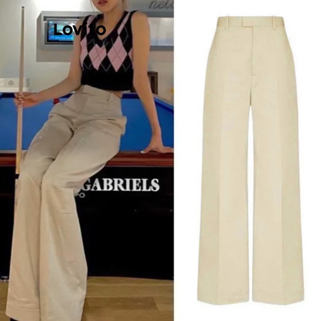Lovito Elegante Calça Calça Bolso Simples Para Mulheres L67AD135 (Cáqui)
