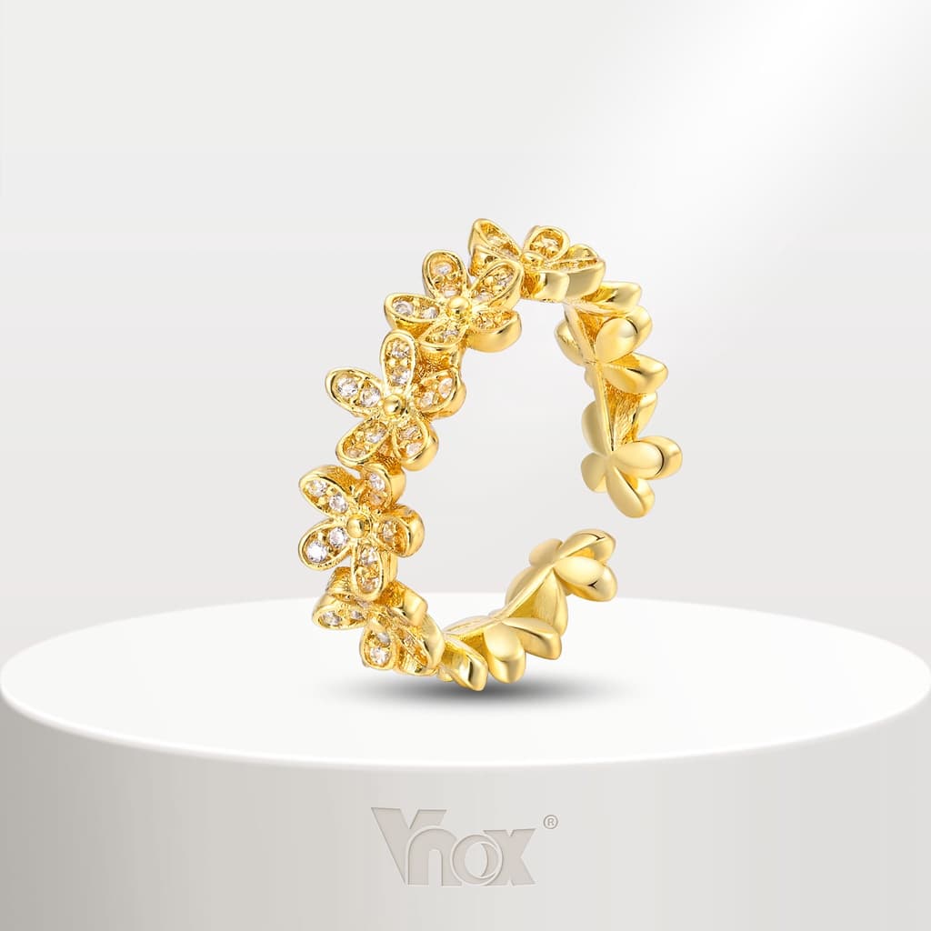 Vnox Zircon Cubic Flower Opening Ajustável Para Menina Feminina , Ouro 18K Anéis De Aço Inoxidável Acessórios Jóias